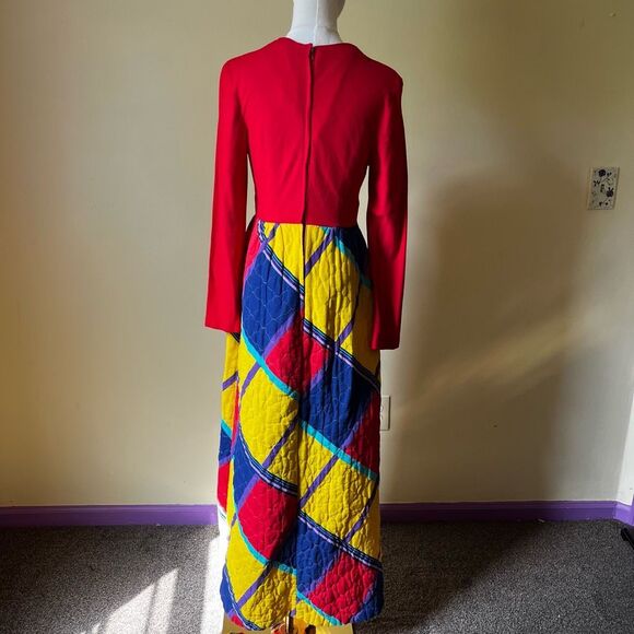 Handmade Vintage Maxi Dress Quilted Skirt Small Colorblock Patchwork Cottagecore - Picture 5 of 9